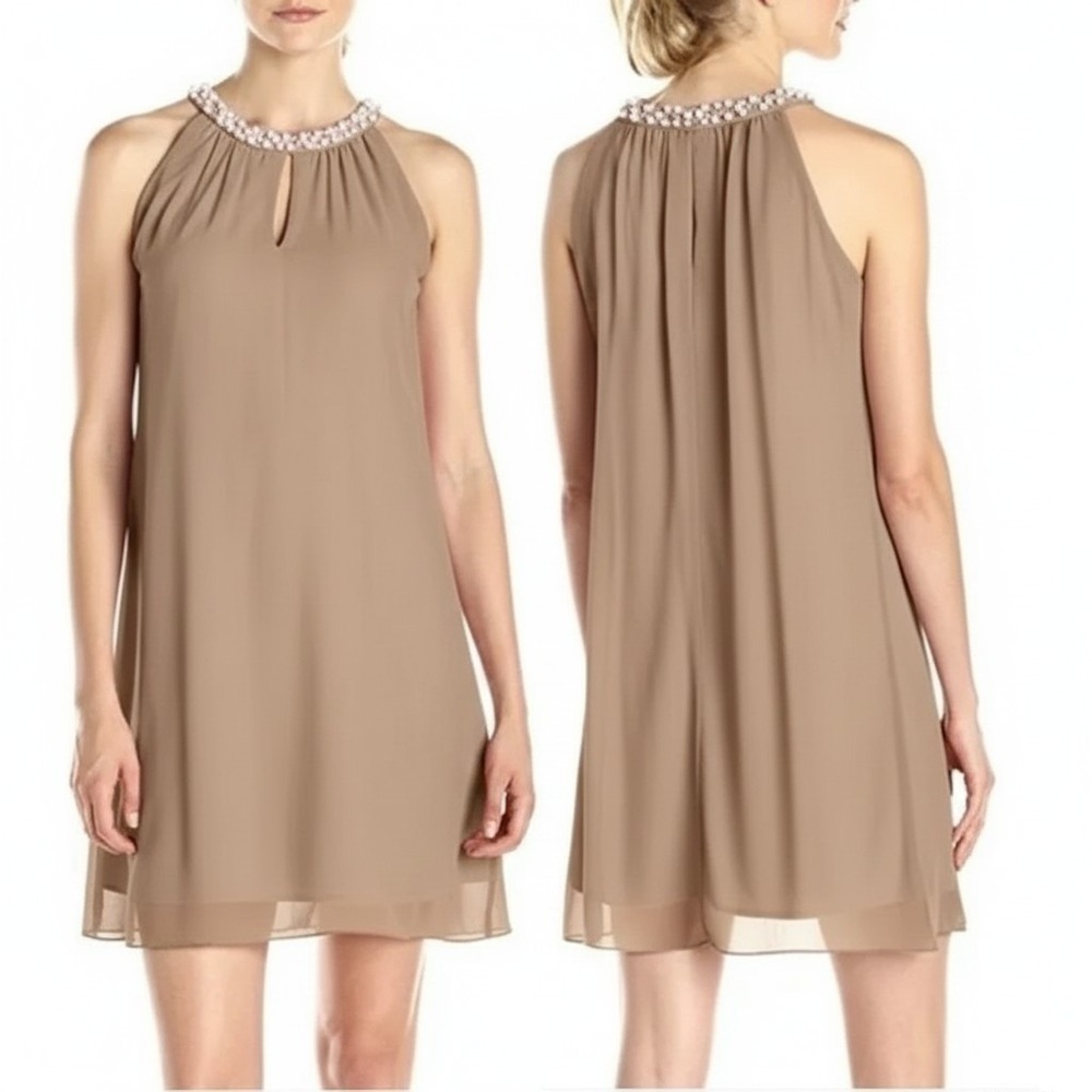 Vintage S.L. FASHIONS 6 Halter‎ Shift Dress Chiffon Sleeveless Faux Pearls Taupe